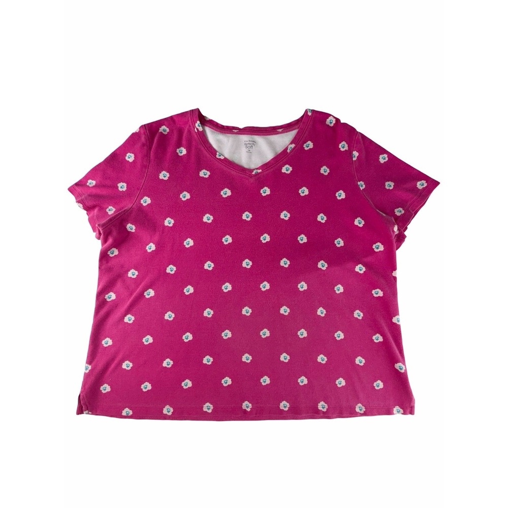 Kim Rogers Perfectly Soft Women's 1X Pink Floral V-Neck Short Sleeve Top Spring